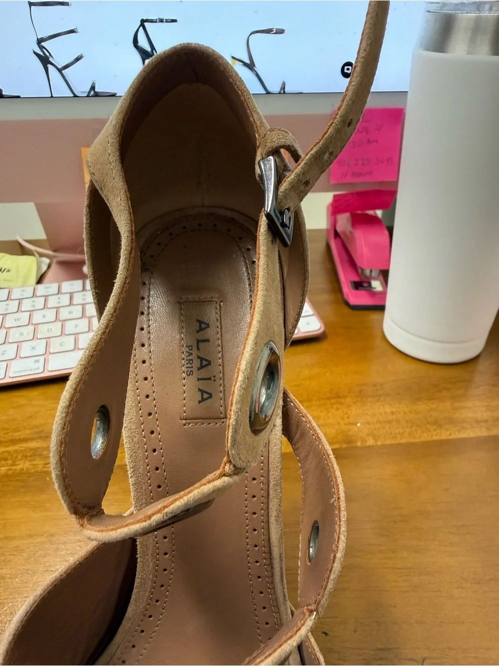 Women's Tan T-Strap Platform Wedge with Ankle Tie